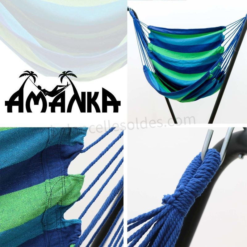 Pas cher AMANKA Hamac 110x145cm Siège Suspendu en toile chaise suspendue balançoire en coton max 150kg Rayures Bleues et Vertes - -4
