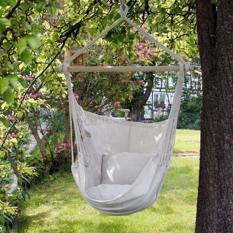 Pas cher Hamac chaise suspendue balançoire beige portable jardin siège camping 2 oreiller - -0