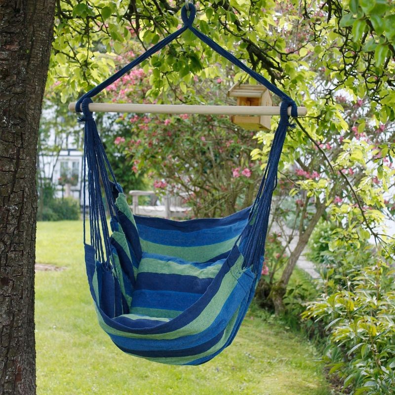 Pas cher Hamac de jardin extérieur chaise suspendue balançoire bleu/vert avec 2 coussins - -0