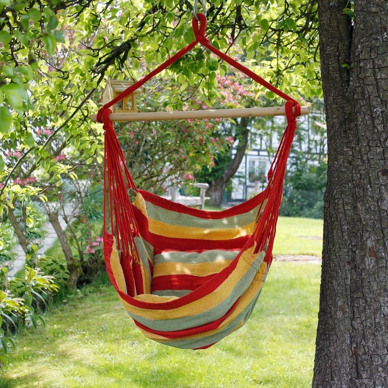 Pas cher Hamac de jardin chaise balançoire suspendue rouge/vert/jaune avec 2 oreillers - -0