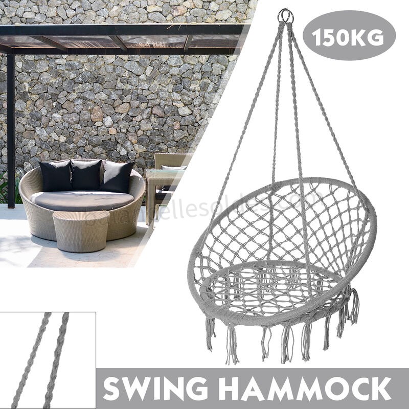 Pas cher Chaise hamac balançoire en macramé, chaise en corde de coton suspendue tricotée à la main pour la cour de patio à la maison (gris) - -1