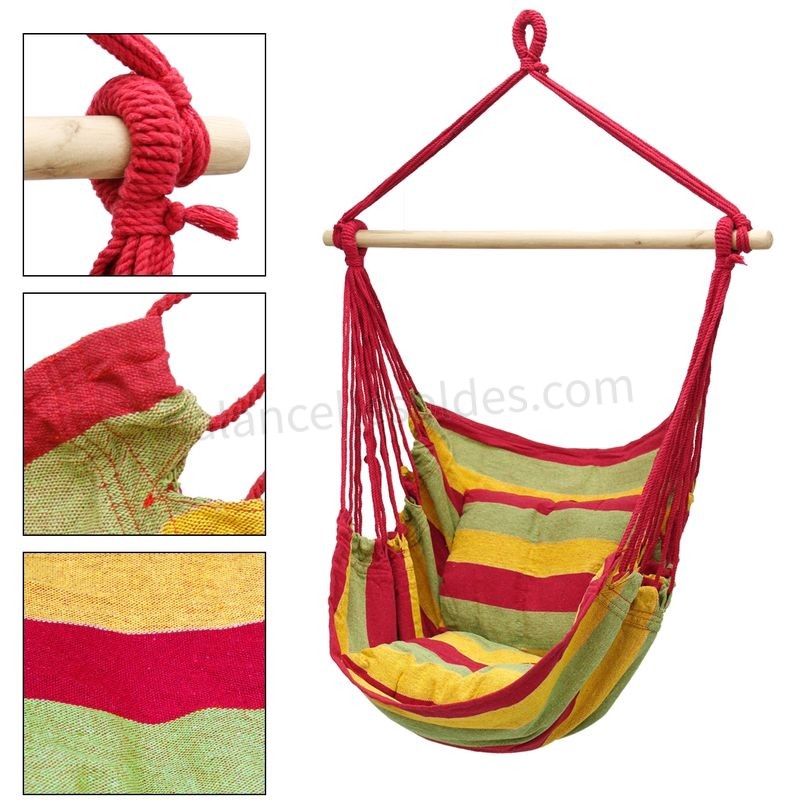 Pas cher Hamac de jardin chaise balançoire suspendue rouge/vert/jaune avec 2 oreillers - -1