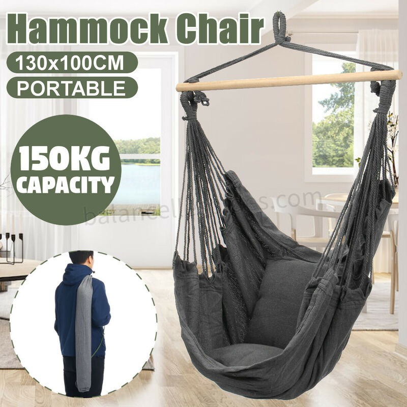 Pas cher Chaise hamac suspendue portable balançoire épaissir porche siège jardin Camping en plein air Patio voyage avec oreiller gris Avec oreillers - -0